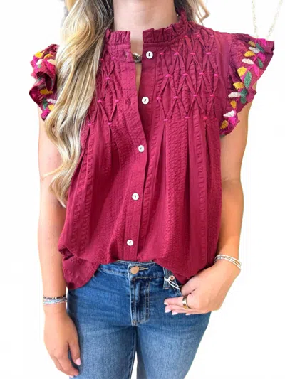 Thml Women's Button Up Embroidery Flutter Sleeve Top In Red In Pink