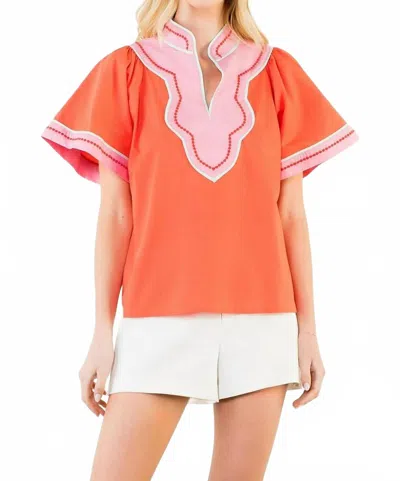 Thml Women's Contrast Trim Wide Sleeve V Neck Top In Orange In Pink