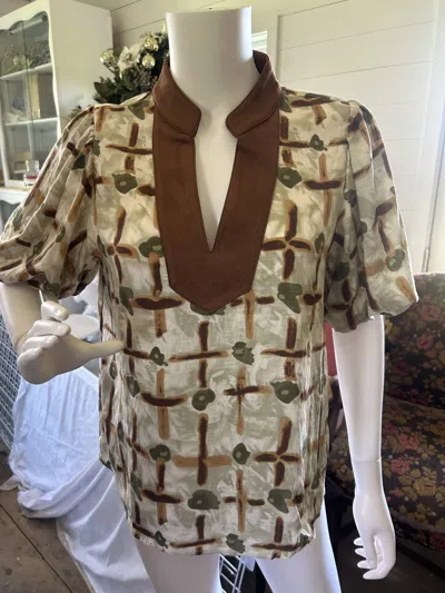 Thml Women's Puff Sleeve Print V-neck Top In Olive In Green