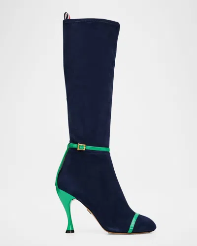 Thom Browne 105mm Trompe L & Apos;oeil Suede Knee-high Boots In Blue