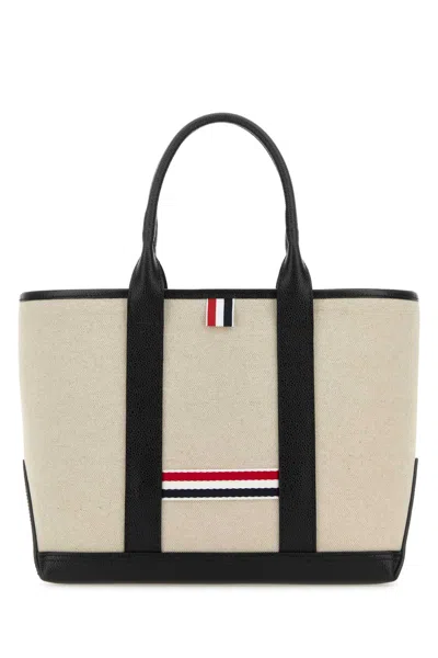 Thom Browne Sand Canvas Rwb Stripe Shopping Bag In Neutral