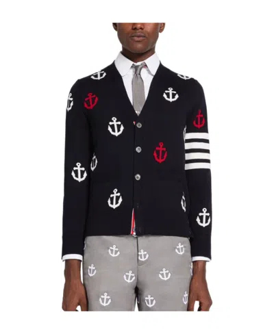 Thom Browne 4-bar Anchor Print Cardigan In Black