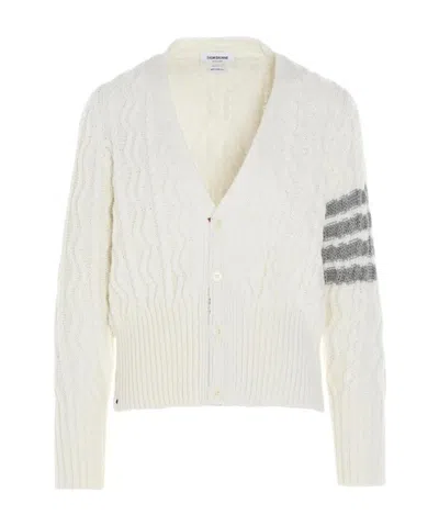 Thom Browne 4-bar Aran Cable Knit Cardigan In White
