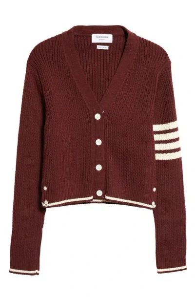Thom Browne 4-bar Baby Cable Knit Crop Cardigan In Dark Red
