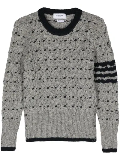 Thom Browne 4-bar Stripes Cable Knit Cardigan In Lt Grey
