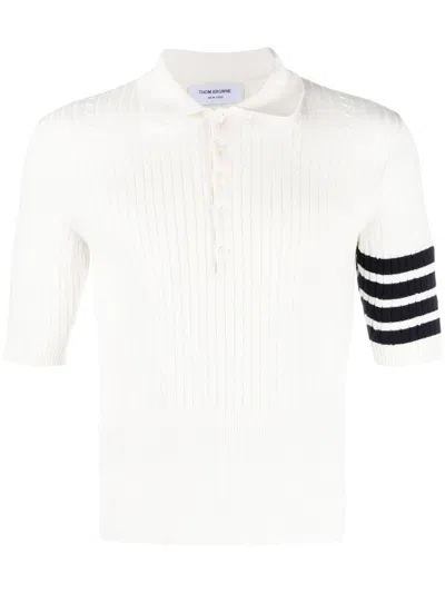 Thom Browne 4-bar Cable-knit Ribbed Polo Shirt In White