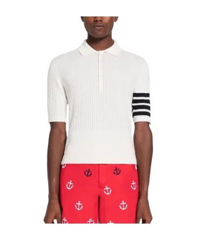 Thom Browne 4-bar Cable-knit Ribbed Polo Shirt In White