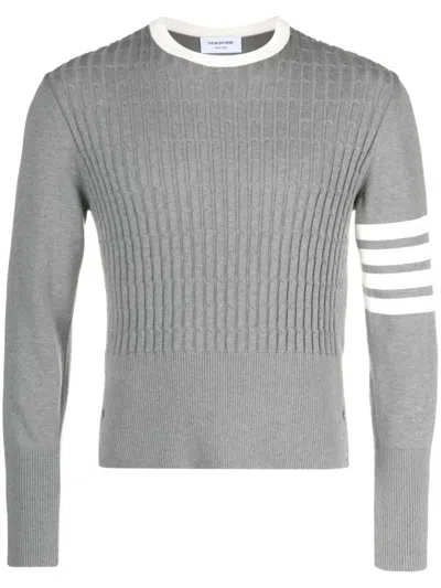 Thom Browne Placed Baby Cable 4-bar Cotton Sweater In Gray