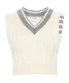 Thom Browne Classic Baby Cable Stitch Cropped V Neck Pullover In White