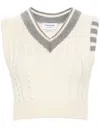 Thom Browne Classic Baby Cable Stitch Cropped V Neck Pullover In White