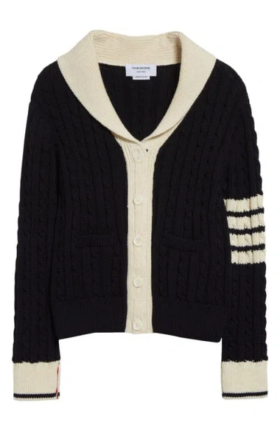 Thom Browne 4-bar Cable Knit Virgin Wool Shawl Cardigan In Navy