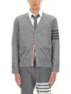 Thom Browne Striped V-neck Ribbed Cardigan With Long Sleeves In Gray