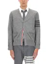 Thom Browne Striped V-neck Ribbed Cardigan With Long Sleeves In Gray