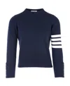 Thom Browne Blue Crewneck Swwater With 4-bar On The Sleeve And Ribbed Trims In Wool Man In Black