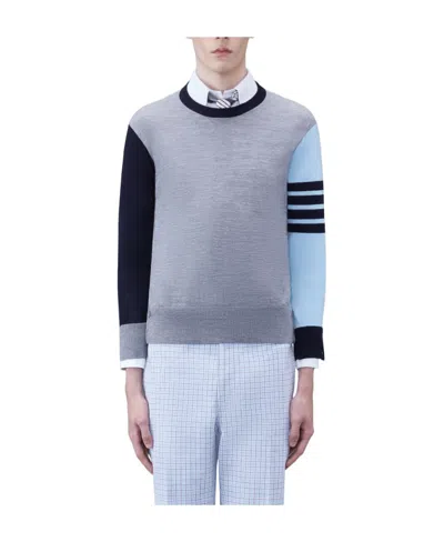 Thom Browne 4-bar Colour-block Virgin-wool Jumper In Blue