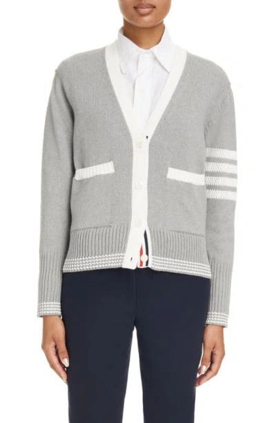 Thom Browne 4-bar V-neck Cotton Cardigan In Grey,white