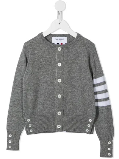 Thom Browne Kids' 4-bar Crew Neck Cashmere Cardigan In Grey
