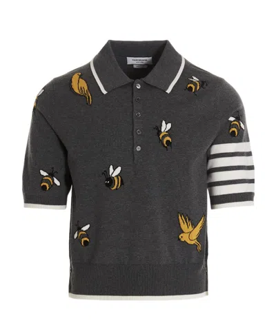 Thom Browne Polo Bird And Bees In Grey