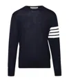 Thom Browne Ribbed Hem Crewneck Striped Sleeve Button Cuffs In Black