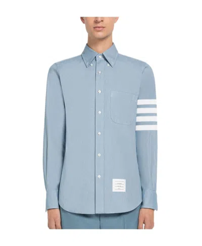 Thom Browne Flannel 4-bar Straight Fit Shirt Man Polo Shirt Multicolored Size L Cotton In Blue