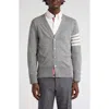 Thom Browne V-neck Hand-knitted Grey Wool Cardigan With Signature Stripes In Gray