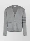 Thom Browne Grey Cardigan With V Neck And Striped Detail On The Sleeve In Wool Man