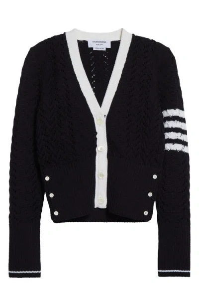 THOM BROWNE THOM BROWNE 4-BAR POINTELLE CABLE VIRGIN WOOL CARDIGAN