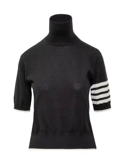 Thom Browne Fine Merino Wool Short-sleeve Turtleneck Sweater In Black
