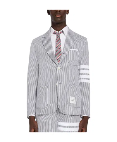 Thom Browne 4-bar Seersucker Single-breasted Blazer In Gray