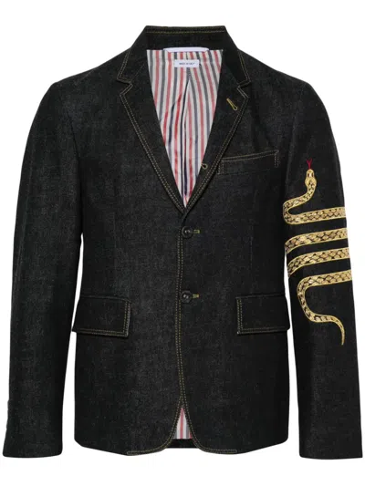 Thom Browne 4-bar Snake-embroidered Denim Blazer In Blue