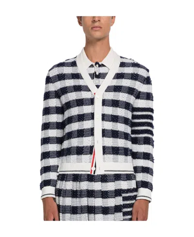 Thom Browne 4-bar Stripe Gingham-check Cardigan In White