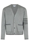 Thom Browne Grey Cardigan With V Neck And Striped Detail On The Sleeve In Wool Man In Gray
