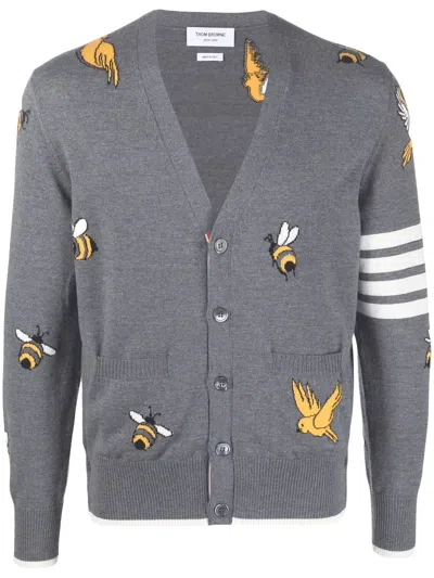 Thom Browne Cardigan With Birds And Bees Inlays In Gray