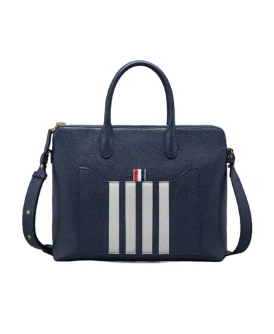 Thom Browne 4-bar Stripe Pebbled-leather Briefcase In Blue