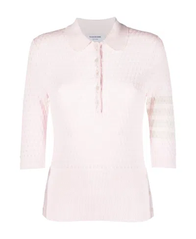 Thom Browne 4-bar Stripe Pointelle-knit Polo Top In White