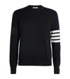 Thom Browne Blue Crewneck Swwater With 4-bar On The Sleeve And Ribbed Trims In Wool Man In Navy