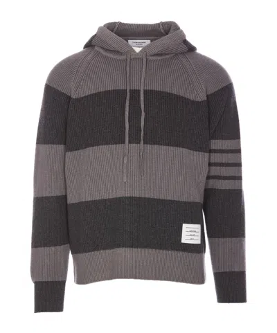 Thom Browne 4-bar Striped Knitted Drawstring Hoodie In Black