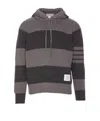 Thom Browne 4-bar Striped Knitted Drawstring Hoodie In Tonal Grey