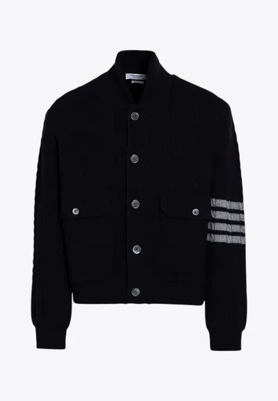 Thom Browne 4-bar Stripes Cable Knit Cardigan In Navy