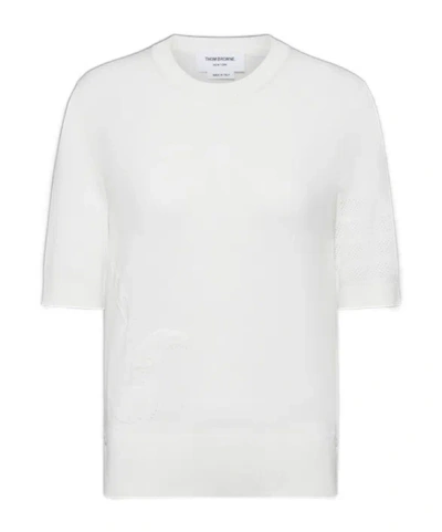 Thom Browne 4 Bar Stripes Feather-intarsia T-shirt In White