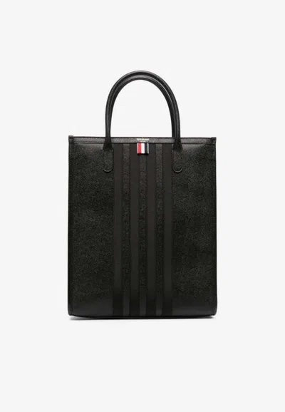 Thom Browne 4-bar Stripes Grained Leather Tote Bag In Black