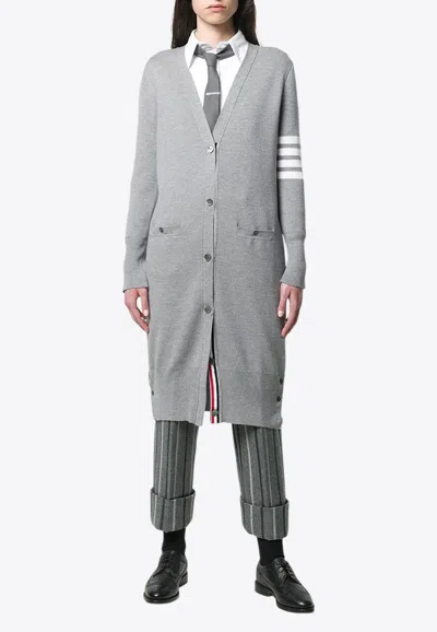 Thom Browne 4-bar Stripes Long V-neck Cardigan In Gray
