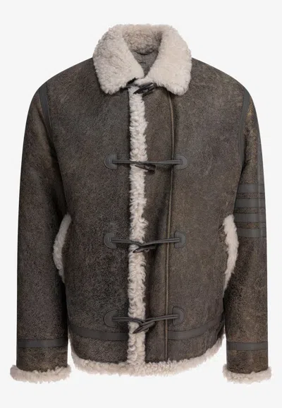 Thom Browne 4-bar Stripes Shearling-trimmed Leather Jacket In Grey