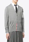 Thom Browne V-neck Hand-knitted Grey Wool Cardigan With Signature Stripes In Gray