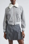 Thom Browne 4-bar Suede Crop Bomber Jacket With Genuine Shearling Collar In Gray