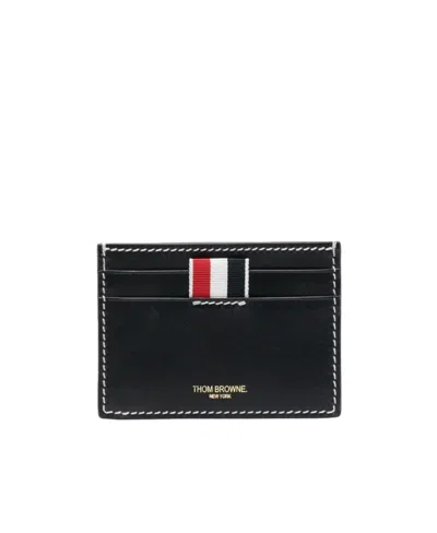 Thom Browne Blue Card-holder With Tricolor Detail And Embossed Logo In Smooth Leather Man In Black