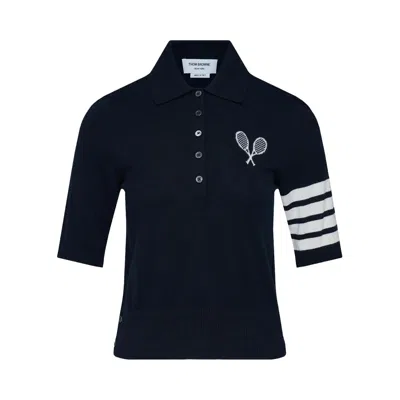 Pre-owned Thom Browne 4 Bar Tennis Racquets Intarsia Polo 'navy' | Blue | Women's Size 42