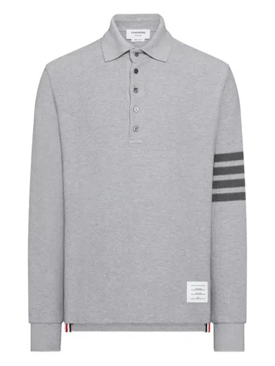 Thom Browne 4-bar Textured-pique Long-sleeved Polo Shirt In Gray