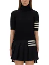Thom Browne Black Short Sleeve Sweater With 4-bar Detail In Wool Woman