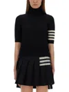 Thom Browne Black Short Sleeve Sweater With 4-bar Detail In Wool Woman